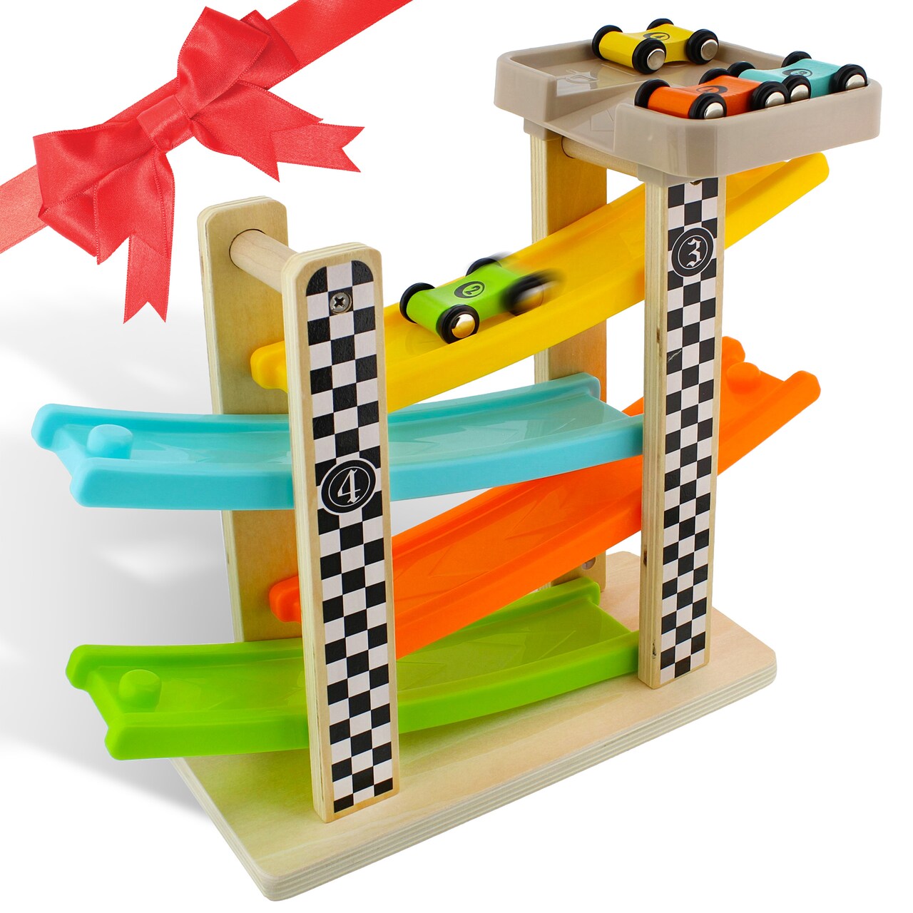 Acorn Baby Wooden Vertical Race Track - 4 Wooden Car Track 12in Ramp Toy Tower